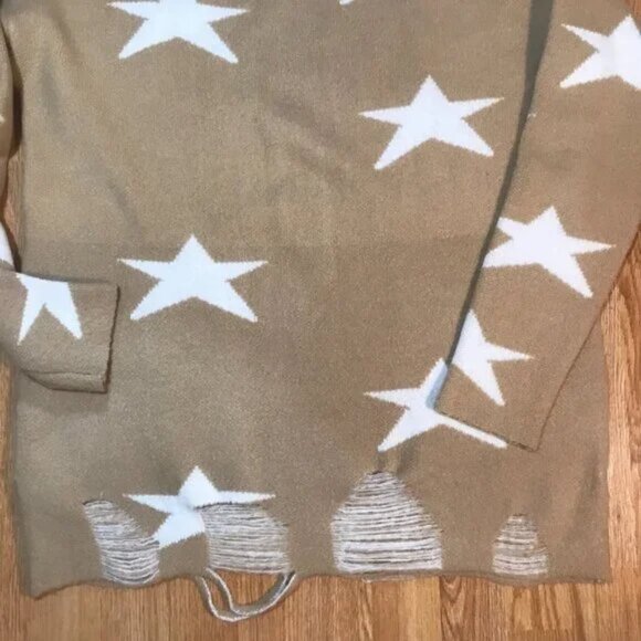 Fantastic Fawn Distressed Pullover Star Print Sweater White Stars Beachy Boho L - Picture 3 of 8